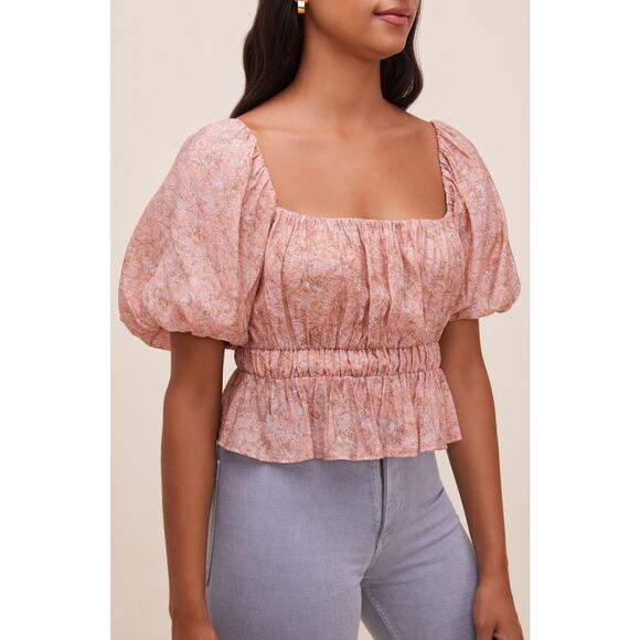 ASTR The Label Theron Bubble Sleeve Peplum Top Sz Small Pink Taupe Floral - Picture 3 of 7